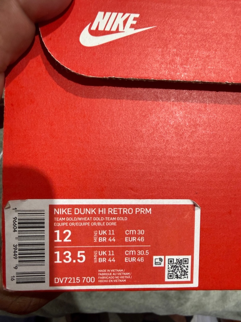 Nike Red and White Sneaker Box Label - Dunk Hi Retro PRM